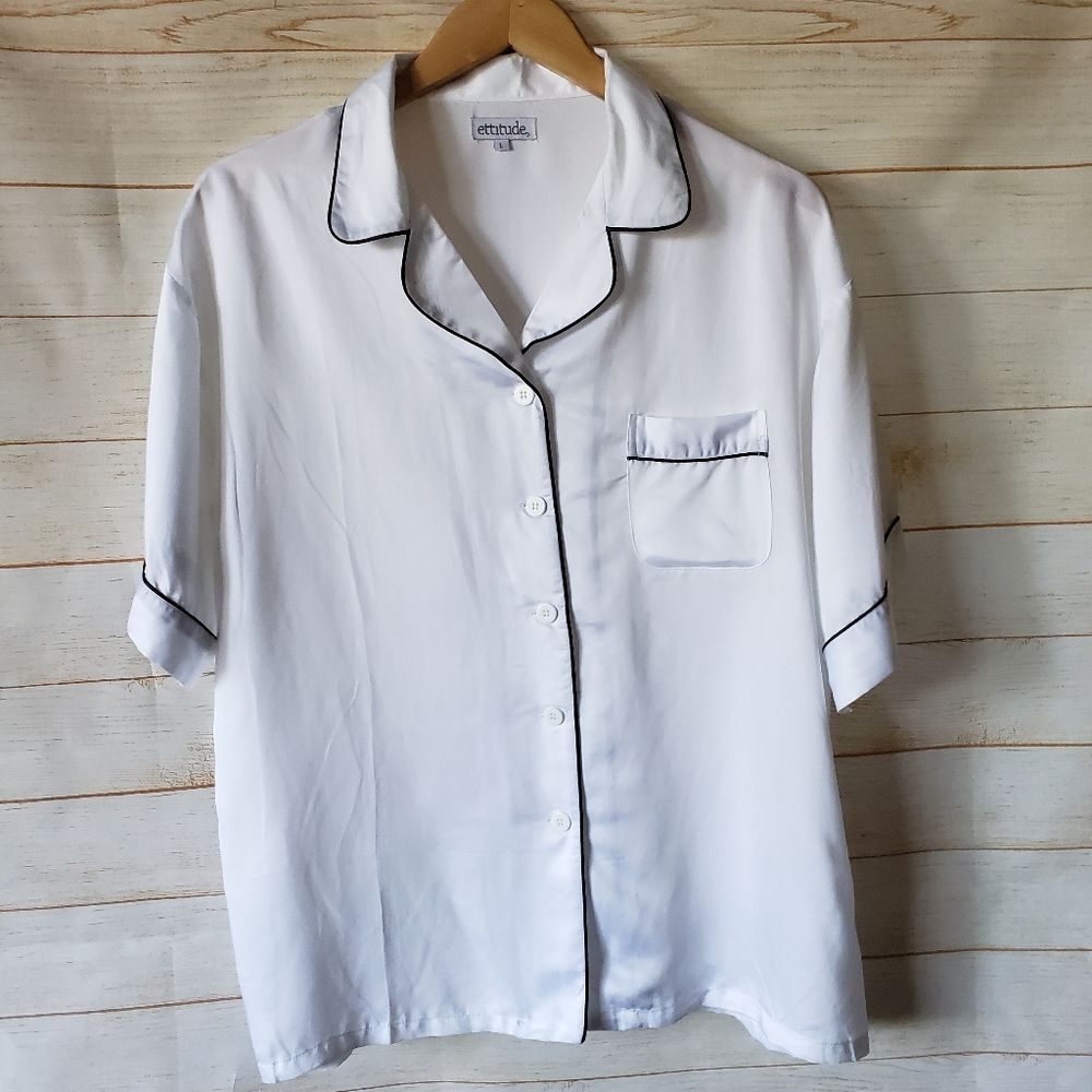 Ettitude Sateen Bamboo PJ Pajama Lounge Sleep Shirt White Short Sleeve Large